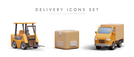 Collection of delivery icons set. Forklift, parcel, and yellow truck. Pallet stacker truck equipment. Poster with place for text on white background. Vector illustration in 3D style