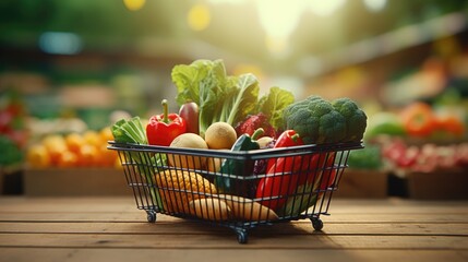 Fresh food in a shopping cart against a blurry backdrop. Generative Ai.