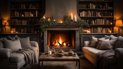 A cozy living room arrangement featuring a fireplace - obrazy, fototapety, plakaty