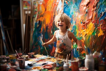 Vibrant Candid Shot of Excited Young Boy Embracing Creative Play with Paint on His Face