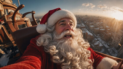 Santa Claus taking a selfie, fisheye effect, ultra detailed, in the sky at golden hour, in a sleigh, city below - obrazy, fototapety, plakaty