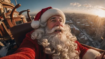 Fotobehang Santa Claus taking a selfie, fisheye effect, ultra detailed, in the sky at golden hour, in a sleigh, city below © ArtistiKa