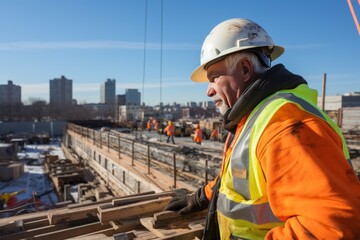 Architect intently scrutinizing building plans on rooftop, showcasing expertise in design excellence