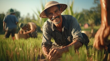 Grinning villagers in Farmer Asia tending to rice fields. Generative Ai. - obrazy, fototapety, plakaty