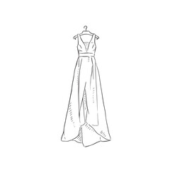 A line drawn wedding dress on a hanger. Hand drawn classic dress in black and white. 