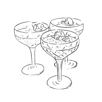 sketchy cocktail glasses with rose garnish