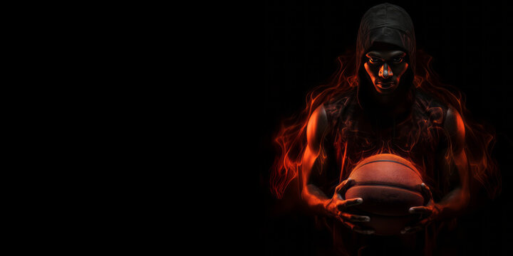 Hyperrealistic basketball player in a ball, featuring dramatic shadows, pinhole photography, dark red, bronze tones, flowing lines, mbole art, and darktable processing for a captivating portrait.