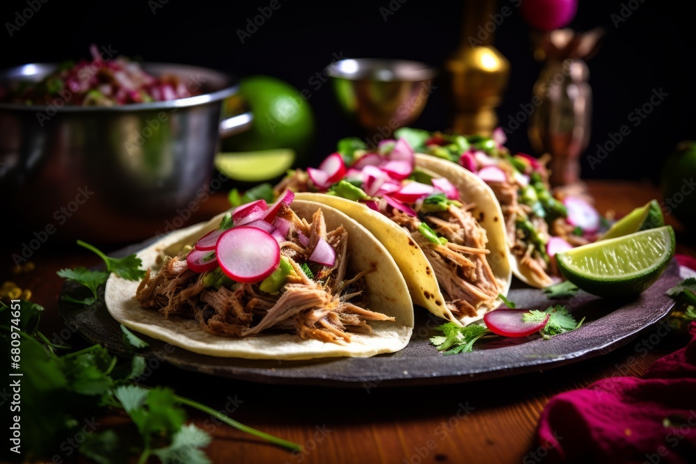 Wall mural street tacos showcasing tender and slow-cooked mexican pork carnitas, a delicious and savory culinar - Wall murals
