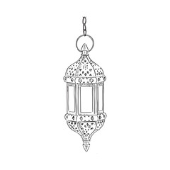 A line drawn illustration of a hanging Moroccan lantern made out of glass panels and metal. Commonly found in the Souks of Morocco. Hand drawn.