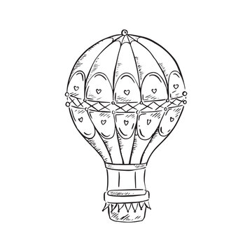 recommend clip art: A line drawn hot air balloon with decorative elements. Black and white line drawing by hand.