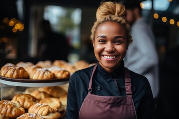 Smiling female baker excels in customer service, offering delectable baked goods in her shop