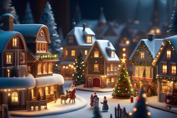 Illustration of Christmas village. A beautiful and magical winter city, straight out of a fairytale, with snow-covered rooftops. Happy new year. Winter landscape.