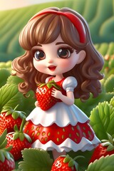 Beautiful cute face girl with strawberry on the field in the background.