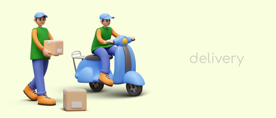 Advertising of courier services. Delivery by scooter and on foot. Transportation to pedestrian zone. 3D men, scooter, boxes. Horizontal banner, header, flyer template