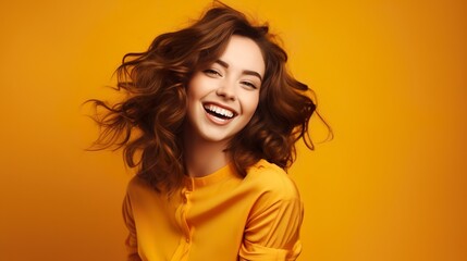 Happy smiling young woman with beautiful long brown hair generative AI - obrazy, fototapety, plakaty