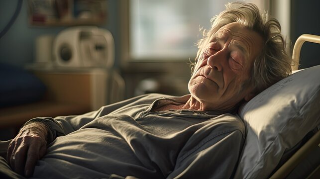 An elderly patient rests on a bed in a hospital ward. Generative Ai.
