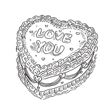 recommend clip art: A line drawn love cake in the shape of a heart with the words 'love you' written on the front. This line drawing is created by hand on Procreate.