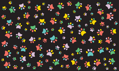 Colorful animal footstep paw pattern on black background vector illustration