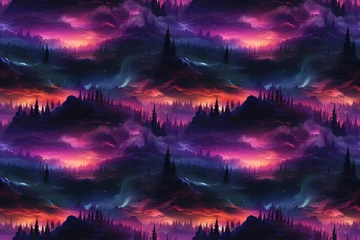 Fotobehang landscape with purple northern lights at night in the sky with stars with a seamless pattern on the background of a forest © alexkoral