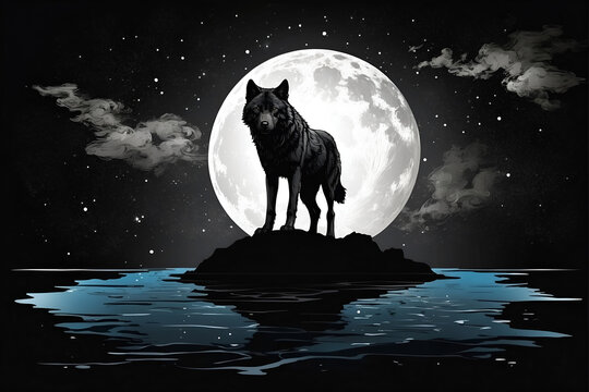 In the inky blackness of space, the silhouette of a lonely wolf floating, graphic t-shirt vector, contour, white border background.
