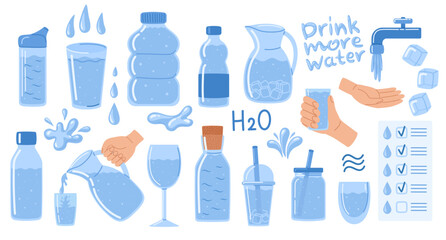Drink more water set. Drinking water in thermos, plastic and glass bottle, glasses, decanter. Water drops, ice cubes and splash, tap water. H2O. Vector illustration in doodle style 