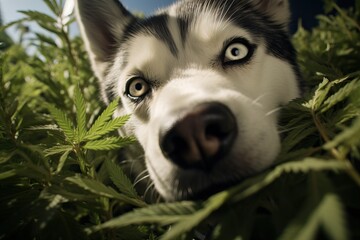 Siberian husky sniffs leaves from marijuana bushes.