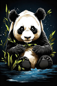 In The Inky Blackness Of Space, The Silhouette Of A Lonely Panda Eating Bamboo Floating, Graphic T-shirt Vector, Contour, White Border Background.