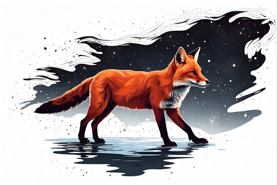 In the inky blackness of space, the silhouette of a lonely red fox floating, graphic t-shirt vector, contour, white border background.