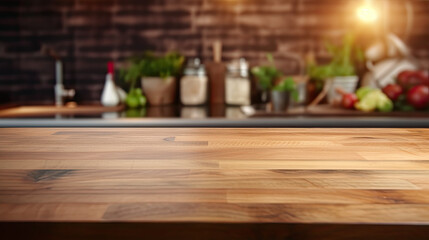Wood Table Top with Blurred Kitchen Background Photo
