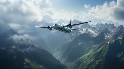 Naklejka premium airplane flying in the sky over mountains range