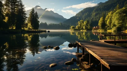 Fotobehang A calm morning shot of a log cabin dock reflecting © ProVector