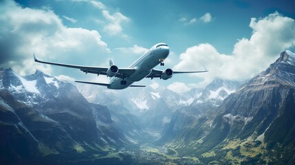 Fototapeta na wymiar airplane flying in the sky over mountains range