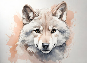 cute baby wolf, white wall, watercolor, dustier soft pastel palette, nursery wall mural