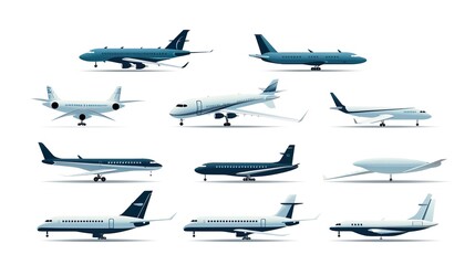 aircrafts icon set. jets and planes silhouette on solid background.