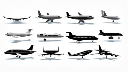 aircrafts icon set. jets and planes silhouette on solid background.