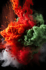 Bright colored powder exploding in red, green and white. 