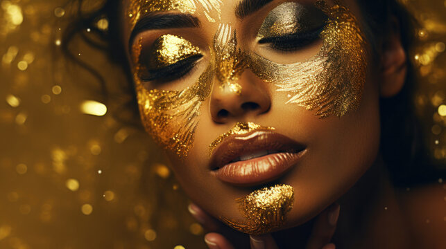 Portrait of a girl with golden make-up shot
