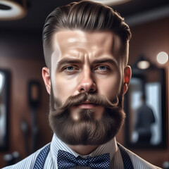 Portrait brutal bearded man after visiting barbershop with beautiful well-groomed mustache and beard