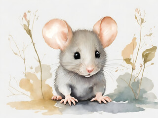 cute baby mouse, white wall, watercolor, dustier soft pastel palette, nursery wall mural