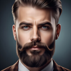 Man after visiting barber shop with beautiful well-groomed mustache and beard Portrait of brutal guy