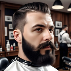 Portrait brutal bearded man after visiting barbershop with beautiful well-groomed mustache and beard