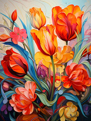 A Painting Of Flowers And Leaves - Red tulips flowers in the garden