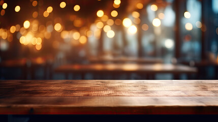 Wooden Table with Blurred Restaurant or Cafe Background and Bokeh Effect