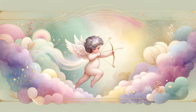Angel Cupid with a bow against the backdrop of magical clouds, ideal for the holidays