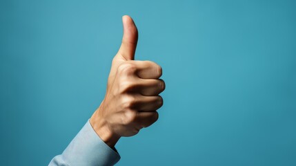 A person making a thumbs-up gesture against a blue