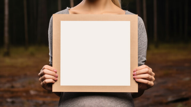 Female holding blank card mockup template, woman design presentation background copyspace