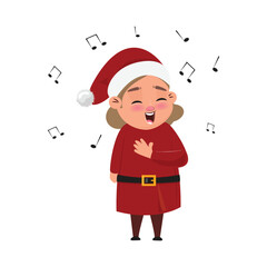 Cute girl elf dressed in red costume sings.