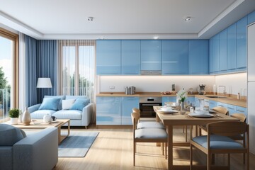 Fototapeta premium Scandinavian minimalist apartment. Light filled space with blue tones. Sunny and bright space of living room with stylish sofa, pillows.