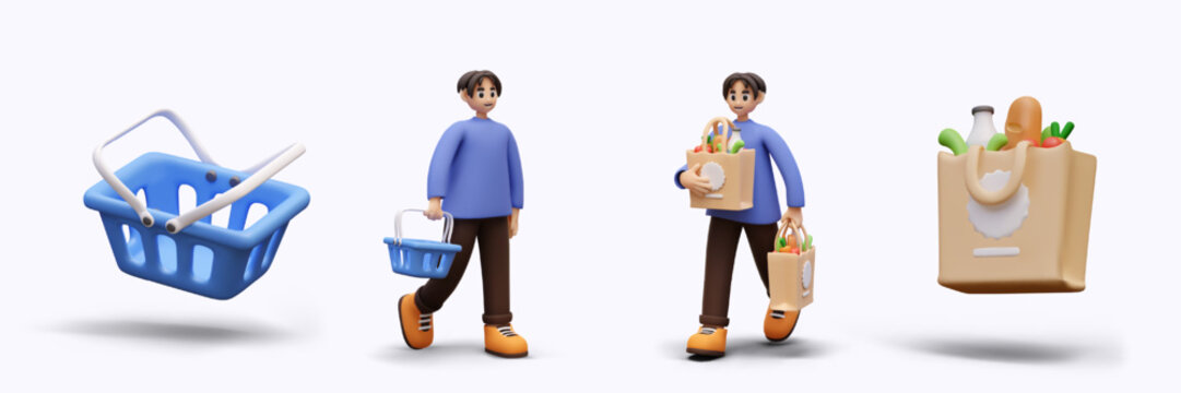 Stages of making purchase in grocery store. Online service. Empty basket, man with empty cart, guy with full bags of food, paper bag with groceries. Illustrations for online store