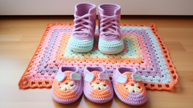 Create an image of vibrant, handcrafted knitted baby shoes arranged on a soft, pastel background with gentle natural light, capturing the cozy essence of a nursery  generated by AI
